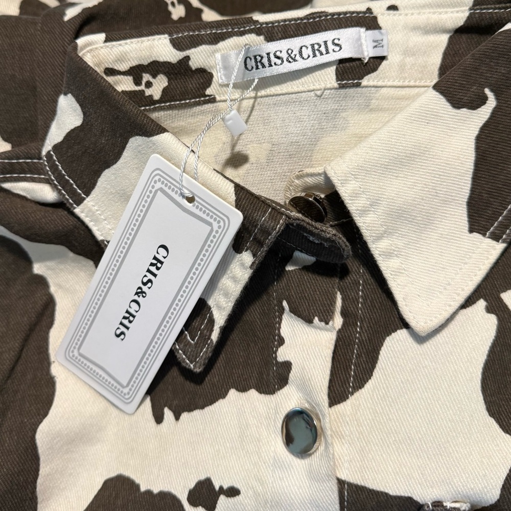 Boutique Cris Cris Brown & Cream Cow Print Jean Jacket New Medium - Picture 9 of 11
